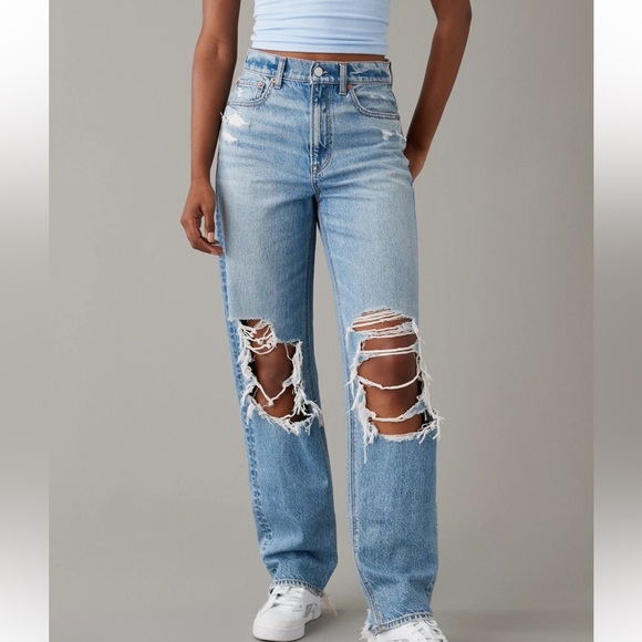 American Eagle Outfitters Blue Super High Rise Baggy Straight Jeans Size 4 - Picture 1 of 9